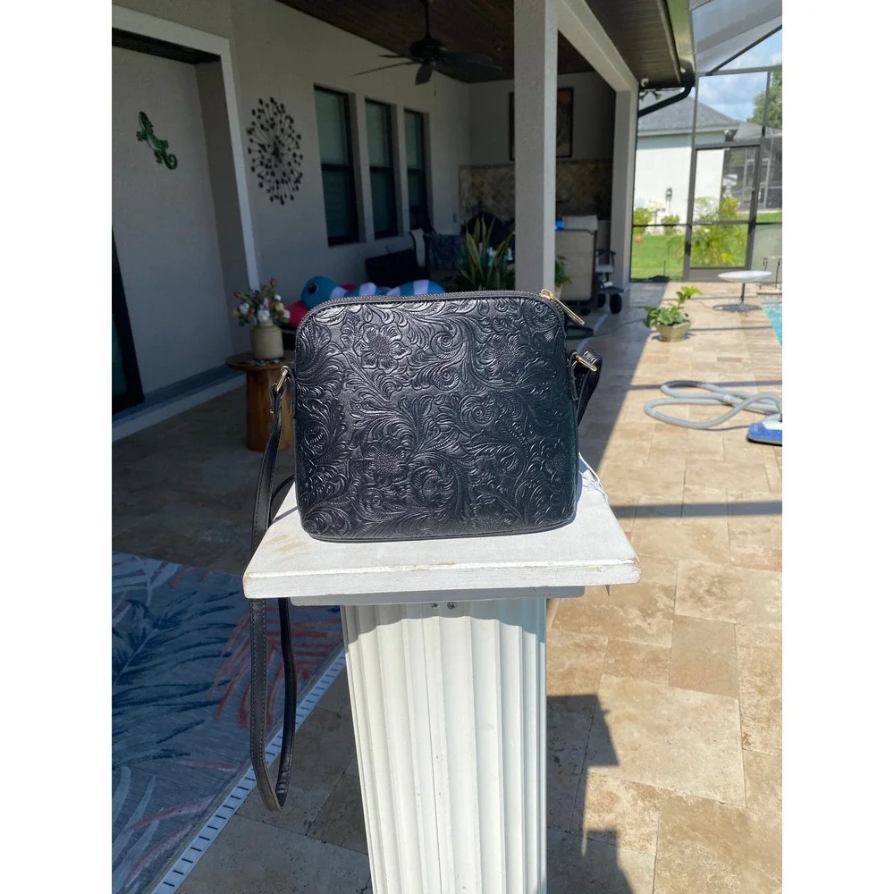Black Floral Embossed Crossbody Dome Bag with Gold Dragonfly Charm New - Picture 8 of 12